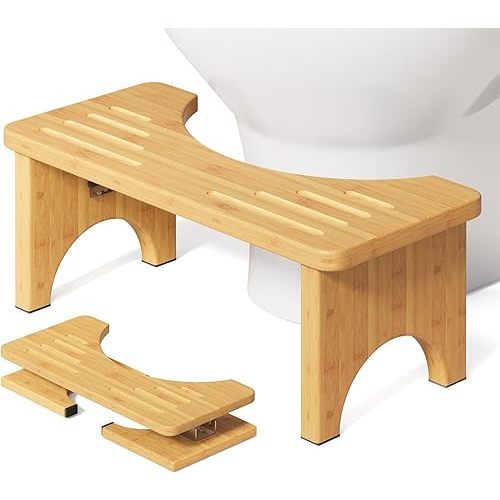 Squatting Potty for Adults Foldable, 7In Bamboo Toilet Stool Squat Adult and Kids, Wood Travel Poop Stool for Bathroom, Wooden Portable Toilet Foot Step, Premium Flip Pooping Potty Stool