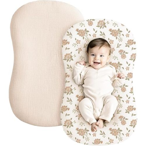 Konssy Muslin Baby Lounger Cover 2 Pack, 100% Cotton Newborn Lounger Cover, Soft and Breathable Lounger Cover for Boys Girls, Covers Only (Petal,Cream)