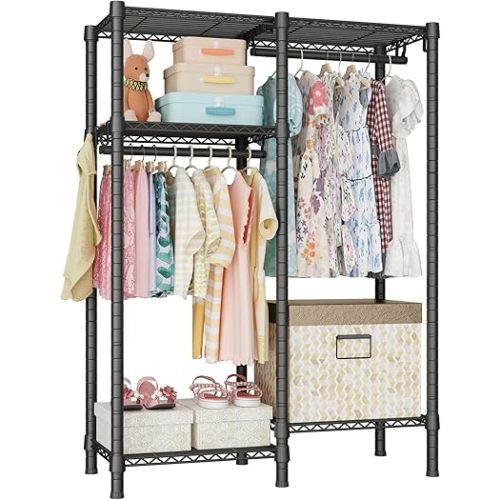 Ulif F1 Garment Rack for Kids, Baby, Students, and Children's Room, 4 Tiers Freestanding and Portable Heavy Duty Closets, Small Metal Clothes Rack with 2 Hanging Rod, 31.2" W x 11.8" D x 48" H, Black