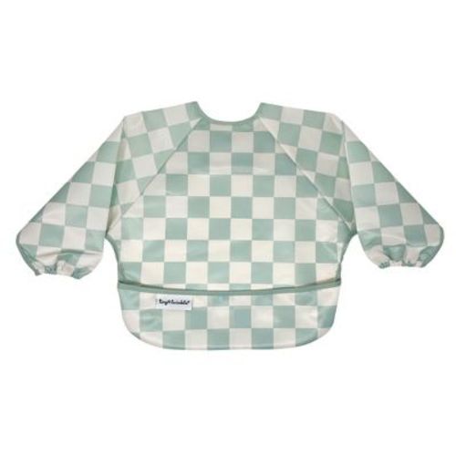Tiny Twinkle Mess-Proof/Waterproof Long-Sleeve Baby Bib, Machine Washable Smock for Eating (Checkers Brown, Small 6-24 Months)