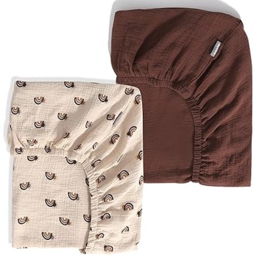 Breathable Muslin Crib Sheets for Boys 2 Pack Organic Cotton Crib Sheets Neutral for Baby Girls Soft Sheets Fitted Toddler Bed&Standard Crib Mattress 28"x 52"(Brown&Rainbow)