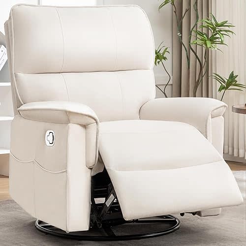 Swivel Rocker Recliner Chair, Manual Reclining Glider Chairs for Adults, Linen Nursery Recliner Sofa Chairs for Living Room, Bedroom, Beige
