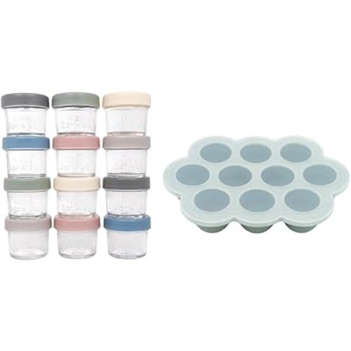 WeeSprout Baby Meal Prep Bundle - Glass Baby Food Jars with Plastic Lids & Silicone Freezer Tray