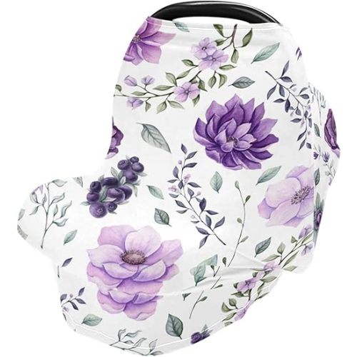 Watercolor Purple Flowers Baby Car Seat Covers Floral Berries Leaves Carseat Canopy Soft Infant Stroller Cover Nursing Breastfeeding Covers for Girls Boys Newborn Fit Summer Spring Autumn
