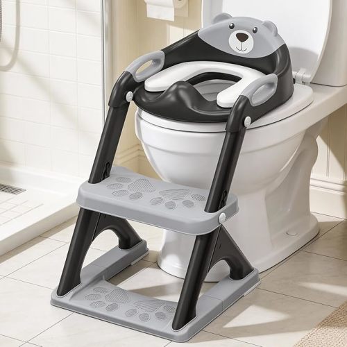 Potty Training Seat ，SKYROKU Potty Training Toilet with Step Stool Ladder, for Kids Boys Girls Toddlers - Comfortable Safe Potty Seat with Anti-Slip Pads Ladder (8898 Black)