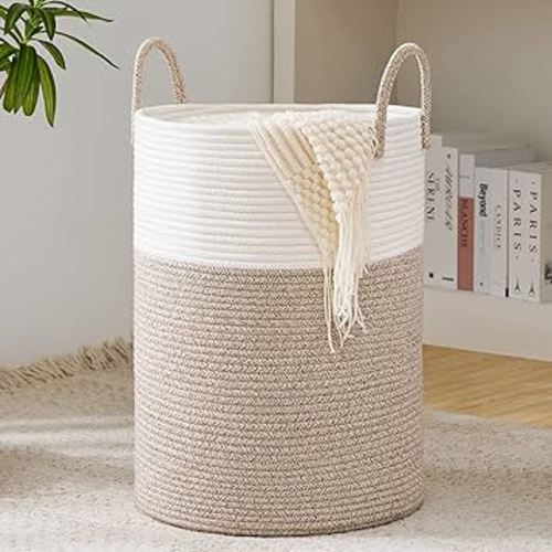 Woven Rope Laundry Hamper Basket, 58L Tall Laundry Basket, Baby Nursery Hamper for Blanket Storage, Clothes Hamper for Laundry in Bedroom-Large-Brown