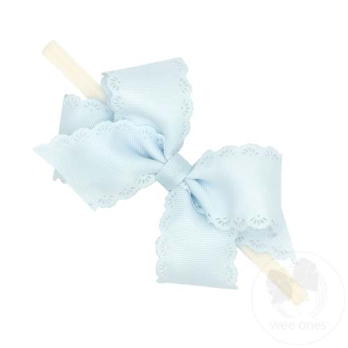 Small Grosgrain Hair Bow with Embossed Eyelet Edge on White Nylon Band - BLUE | Wee Ones Hair Bows & Accessories