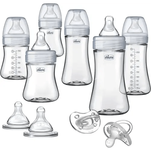 Chicco Duo Deluxe Hybrid Baby Bottle Gift Set with Invinci-Glass Inside/Plastic Outside in Clear/Grey