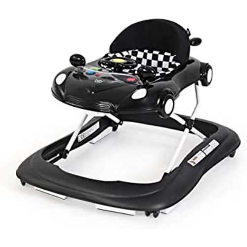BABY JOY Baby Walker, Activity Walker with Adjustable Height & Lights, Music, Steering Wheel, Mirrors, Removable Tray to Food Tray, High Back Padded Seat, Compact Folding Design (Black)