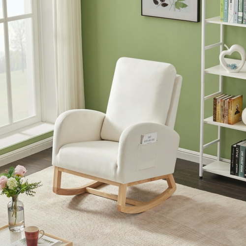 HUTWIFE Rocking Chair for Nursery, Midcentury Velvet Accent Rocker Armchair, Beige