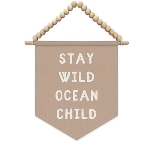 SJDFCSA Girl Nursery Wall Art Decor, Ocean Nursery Decor, Stay Wild Ocean Child Pink Coastal Beach Boho Wall Hanging Display Pennant Flag for Girls Toddler Kids Room Bedroom Playroom