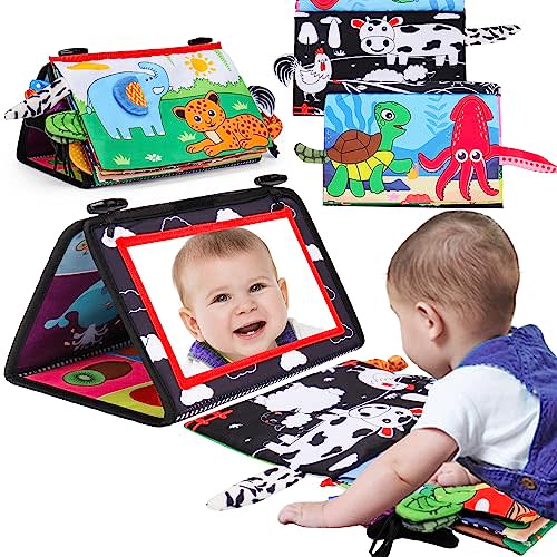 Baby Mirror Tummy Time Toy with Crinkle Cloth Book for Infants 0-3 Months High Contrast Newborn Sensory Toy for Baby 3-6 Months Black and White Toy for 0-6 7 9 Month for Babies 6-12 Month Shower Gifts