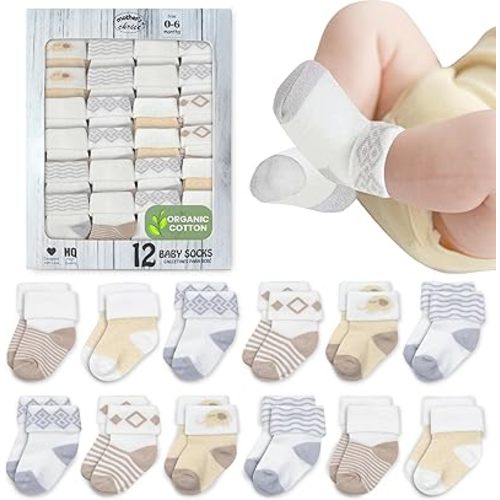 Organic Cotton Baby Socks, 12 Pairs, Unisex 0-6M - Soft, Hypoallergenic Newborn & Infant Socks - Baby Girl & Boy Gifts, (US, Age, 0 Months, 6 Months, 12, Brown)
