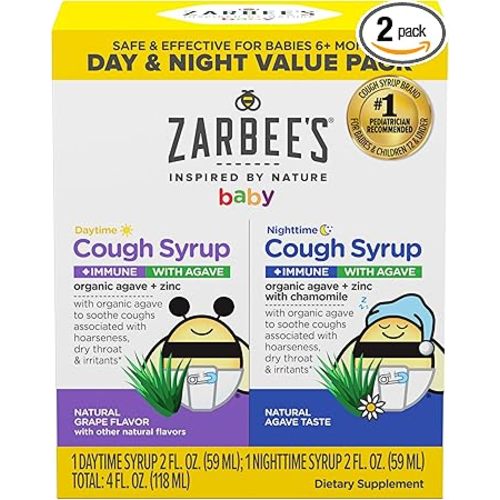 Zarbee's Baby Daytime & Nighttime Cough Syrup + Immune with Organic Agave + Zinc, Daytime Cough Syrup, Grape, & Nighttime Cough Syrup with Chamomile, Agave Taste, Two Pack, 2 x 2 fl. oz