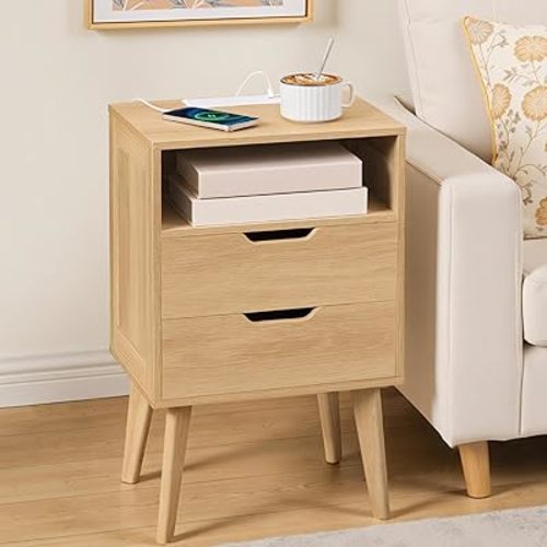 MAHANCRIS Natural Nightstand with Charging Station, Modern Bedside Table with 2 Storage Drawers, Open Storage, Night Stand with Solid Wood Legs, for Bedroom, End Side Table for Small Spaces, ETNA69E01