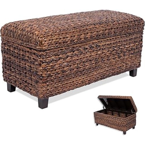 BIRDROCK HOME Abaca Storage Bench – Hand-Woven Wicker Entryway Bench w/Lift-Top Hidden Storage, Solid Wood Frame - 36.25” x 16” x 18”