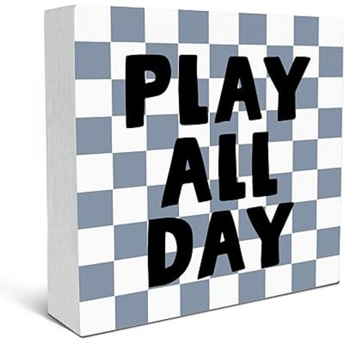 SRADMO Blue Play All Day Wood Box Desk Decor, Playroom Wooden Box Sign Decoration, Toddler Playroom Decor, Kids Playroom Art Decorations for School Home, Play Signs Shelf Table Decorative Accessories