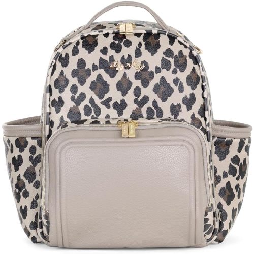 Itzy Ritzy Mini Diaper Bag Backpack – Chic, Compact Mini Plus Backpack with Changing Pad, 10 Pockets (6 Internal, 4 External), Grab-Top Handle & Rubber Feet (Leopard)
