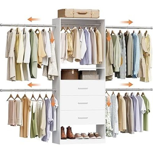 Closet System, 4.1-10Ft Closet Organizer with 3 Wooden Drawers, Walk-in Closet Organizer System with 4 Adjustable Hanging Rods, White, UXFYG002W