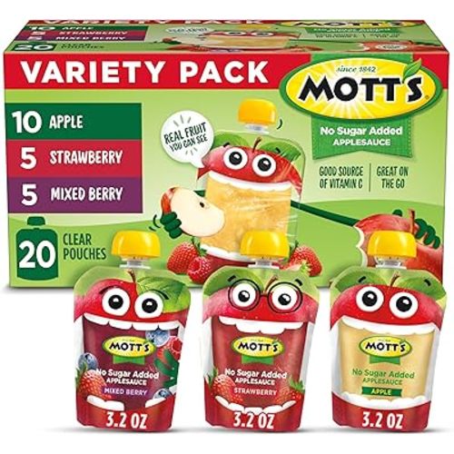 Mott's No Sugar Added Applesauce Variety Pack, 3 Flavors – Apple, Strawberry & Mixed Berry, Made from Real Fruit, No Artificial Flavors, 3.2 oz Clear Pouches, 20 Pack