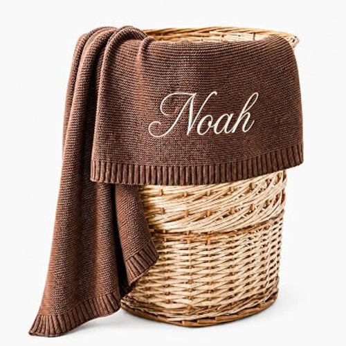 Personalized Embroidered Baby Blanket, Custom Name Soft Cotton Knit Throw for Boys and Girls, Welcome Blanket, Newborn Blanket, Nursery Keepsake Gift for Baby Shower, Birthday, PN2