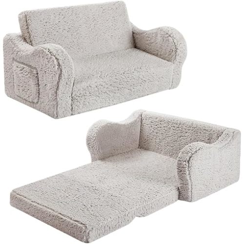 Kids Extra Wide Chairs for Toddler, 2-in-1 Toddler Soft Sherpa Couch Fold Out, Convertible Sofa to Lounger for Girls and Boys, Grey