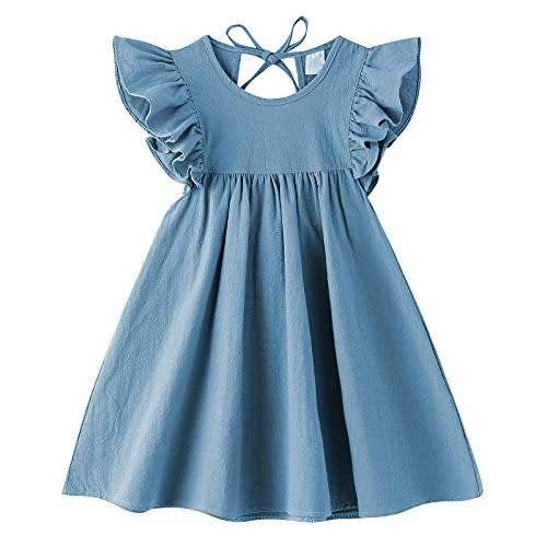 LYXIOF Toddler Baby Girl Cotton Linen Dress Ruffle Sleeve Halter Sleeveless Kids Casual Dresses