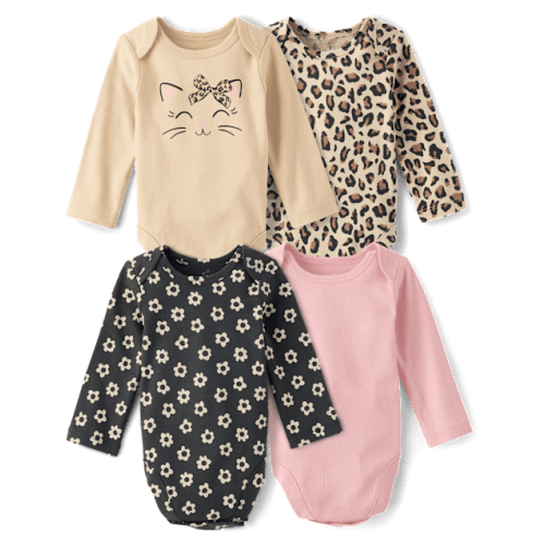 Baby Girls Leopard Bodysuit 4-Pack - Tan