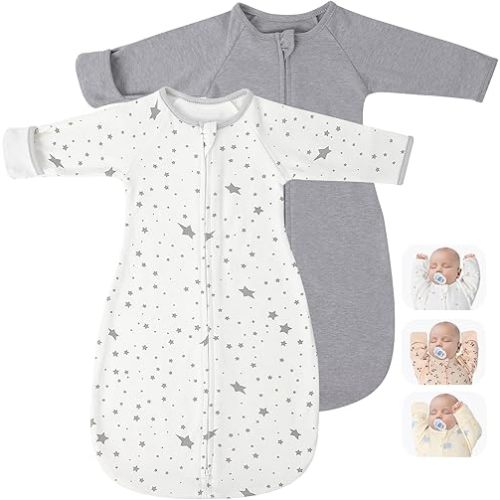 2 Pack Transitional Swaddle Sack with Arms Up & Sleeves, Mitten Cuffs, 2-Way Zipper, Sleep Sacks Blanket for Newborns 0.8Tog - Calms Startle Reflex, Newborns Baby Boys & Girls Sleep Bag