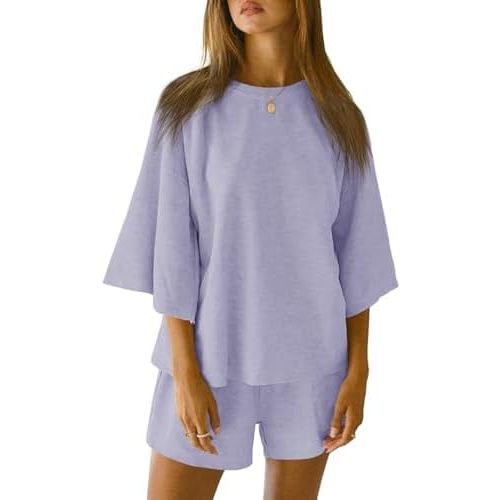 Tankaneo Womens Pajama Sets 3/4 Sleeve Oversized Tops and Elastic Waist Shorts Lounge Sets Loungewear