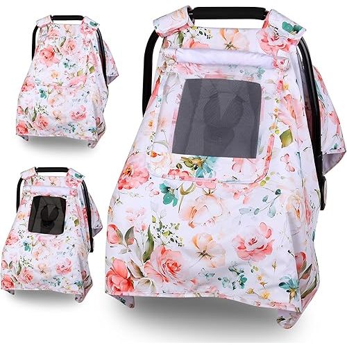 Car Seat Cover Baby, Carseat Covers Baby with 2 Layers Breathable Windows, Windproof Infant Car Seat Cover, Kick-Proof Baby Carrier Cover for Baby Girl Newborn Essentials