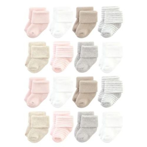 Hudson Baby Cotton Rich Baby Terry Socks 16-pack, Pink Gray Stripe, 6-12 Months