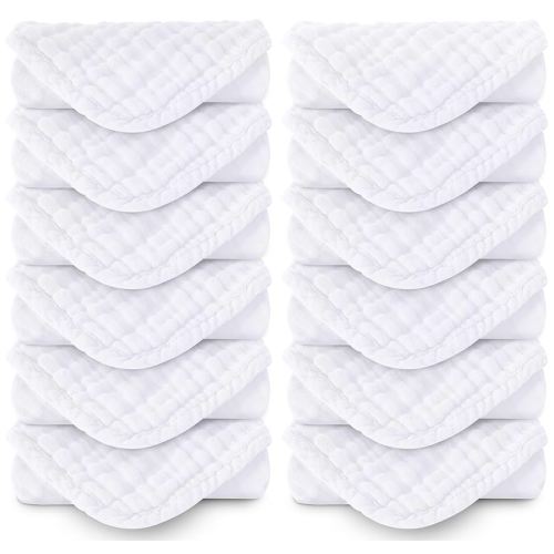 MOON PARK Baby Washcloths, 12 Pack - 12x12 Inches, Small Burp Cloths and Baby Wipes - 100% Cotton Muslin Ultra Soft for Newborn, Infant and Toddlers - White