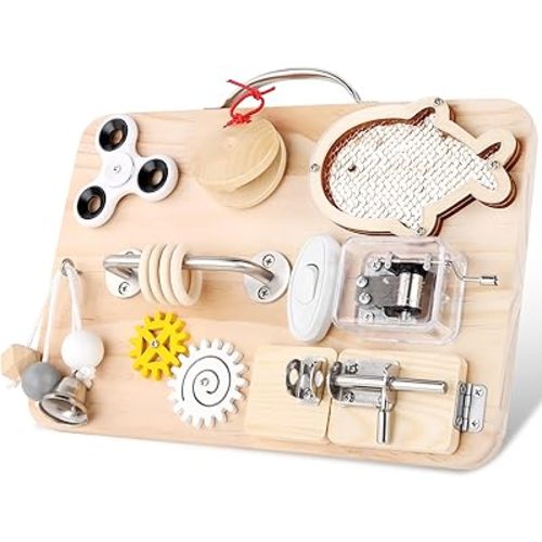 Wooden Busy Board for Toddlers, Montessori Sensory Toys for 1 2 3 4 Year Old, Autism Sensory Toys for Kids Boys Girls, Fine Motor Skills Travel Toys