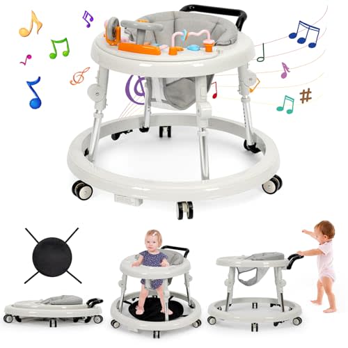 NVW Music and Lights Baby Walker Foldable with 9 Adjustable Heights, Baby Walker with Wheels Portable, Baby Walkers and Activity Center for Boys Girls Babies 7-18 Months (New-White)