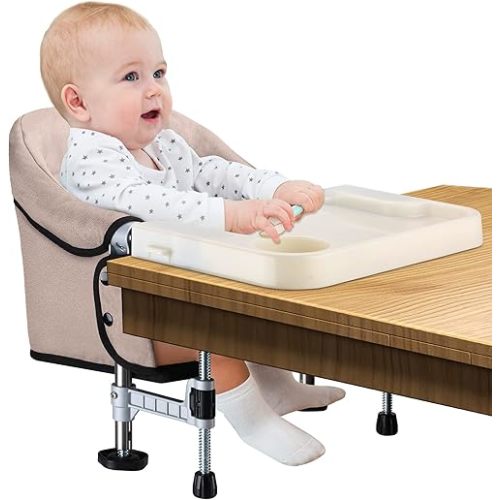 Hook on Chair with Removable Dining Tray, Portable Clip on High Chair Use at Most Tables, Table Attached high Chair with Carry Bag, Fast Table Chair Travel Feeding Seat for Baby & Toddlers (Brown)