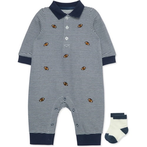 Baby Stripe Embroidered Football Romper & Socks Set, 9M, Blue