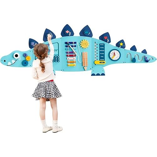Beright Dinosaur Activity Wall Busy Board Panels, Montessori Sensory Toys, Toddler Learning Activity Center, Perfect for Toddler Playroom & Children's Daycare, Blue