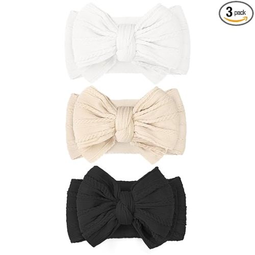 JOYOYO 3 Pcs Soft Wide Turban Baby Headbands with Double-Layer Bow for Baby Girls, Newborns, Toddlers(White, Beige, Black)