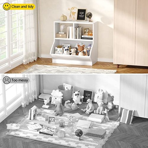 Aheaplus Toy Storage Organizer with Bookcase, 3 Cubby Bookshelf Toy Storage Cabinet, Open Multi-Bins Toys&Books Storage Display Organizer for Playroom, Bedroom, Nursery, School, White - 2 Tier