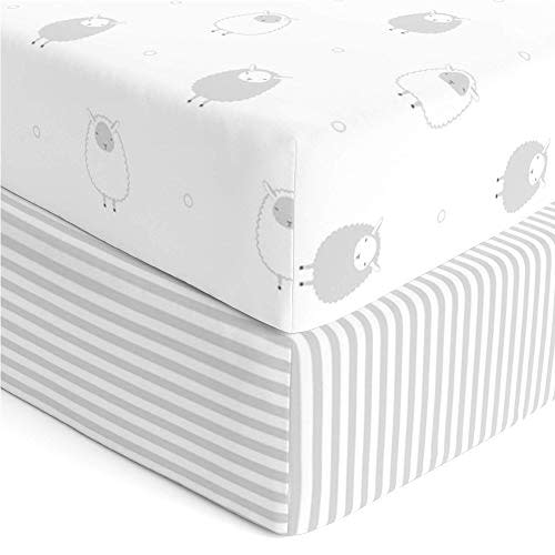 Cuddly Cubs Fitted Crib Sheets Set – 2 Pack – Jersey Cotton Crib Mattress Sheets for Baby Boy, Girl Crib – Grey Stripes, Sheep Toddler Bed Sheets – Fits on Standard 28 x 52" Crib and Toddler Mattress