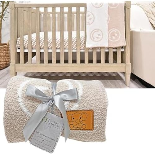 Smiley Face with Lightning Bolt Eyes Baby Blanket 28"x40" with Leather Patch - DreamSoft Knitted Throw - Reversible Receiving Blanket/Newborn Gift (Tan/White Lightning Bolt)