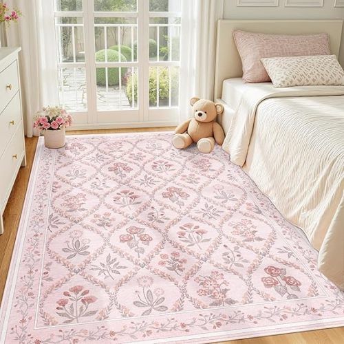 Washable Rug 6x9, Boho Pink Rugs for Bedroom Girls, Cute Pastel Floral Rug for Living Room, Non Slip Low-Pile Nursery Carpet for Kids Room Playroom Dorm, Pink Multi