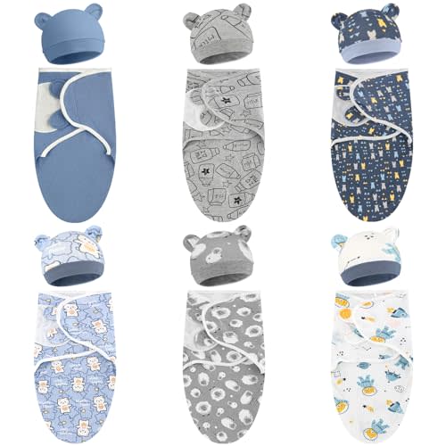 VitalCozy 6 Pack Cotton Baby Swaddle Blanket Wrap with Matching Hat Set - Preemie Receiving Blanket for Newborn Boy or Girl (Blue Series, 3-7 Lbs)