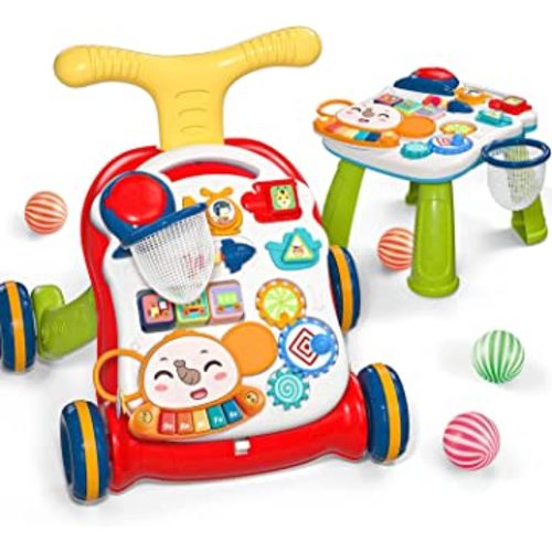 CUTE STONE Sit-to-Stand Learning Walker, 2 in 1 Baby Walker, Early Educational Child Activity Center, Multifunctional Removable Play Panel, Baby Music Learning Toy Gift for Infant Boys Girls