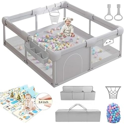 Large Baby Playpen with Mat, 71"×59" Playpen for Babies and Toddlers, Big Playpen with Storage Bag, Ocean Balls, Playard Gym for Babies, Activity Center, Kids Fence Light Gray, Indoor & Outdoor