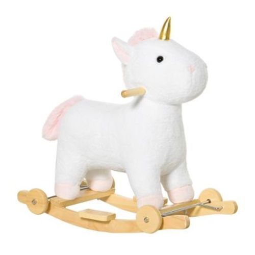 Qaba Rocking Horse, 2 in 1 Kids Ride on Horse, Rolling Unicorn with Sound, Wooden Base, Pedal, Grip Handle, Plush Riding Pony for 3-6 Years Old, White