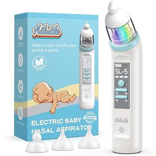 Nasal Aspirator for Baby, Electric Nose Booger Sucker Automatic Nose Cleaner USB Rechargeable W/ 3 Silicone Tips, 5 Suctions Power, Music & Colorful Light Soothing Function for Infants Newborn Kids