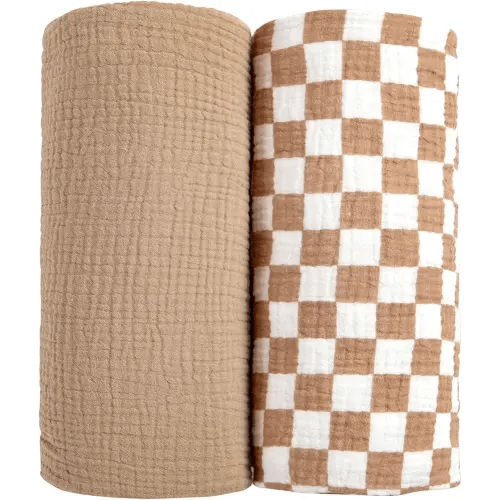 lulumoon Muslin Swaddle Blankets for Baby: Soft Cotton Newborn Receiving Blankets - Plaid Print Nursery Gift Set for Baby Girls(Mocha Plaid)