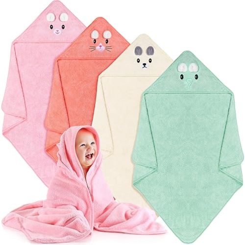 Preboun 4 Pcs Baby Hooded Towels Coral Fleece 31.5 x 31.5 Inch Soft Baby Bath Towels Absorbent Hooded Blanket for Newborn Cartoon Bath Blanket for Kids Toddler Infant Shower Supplies